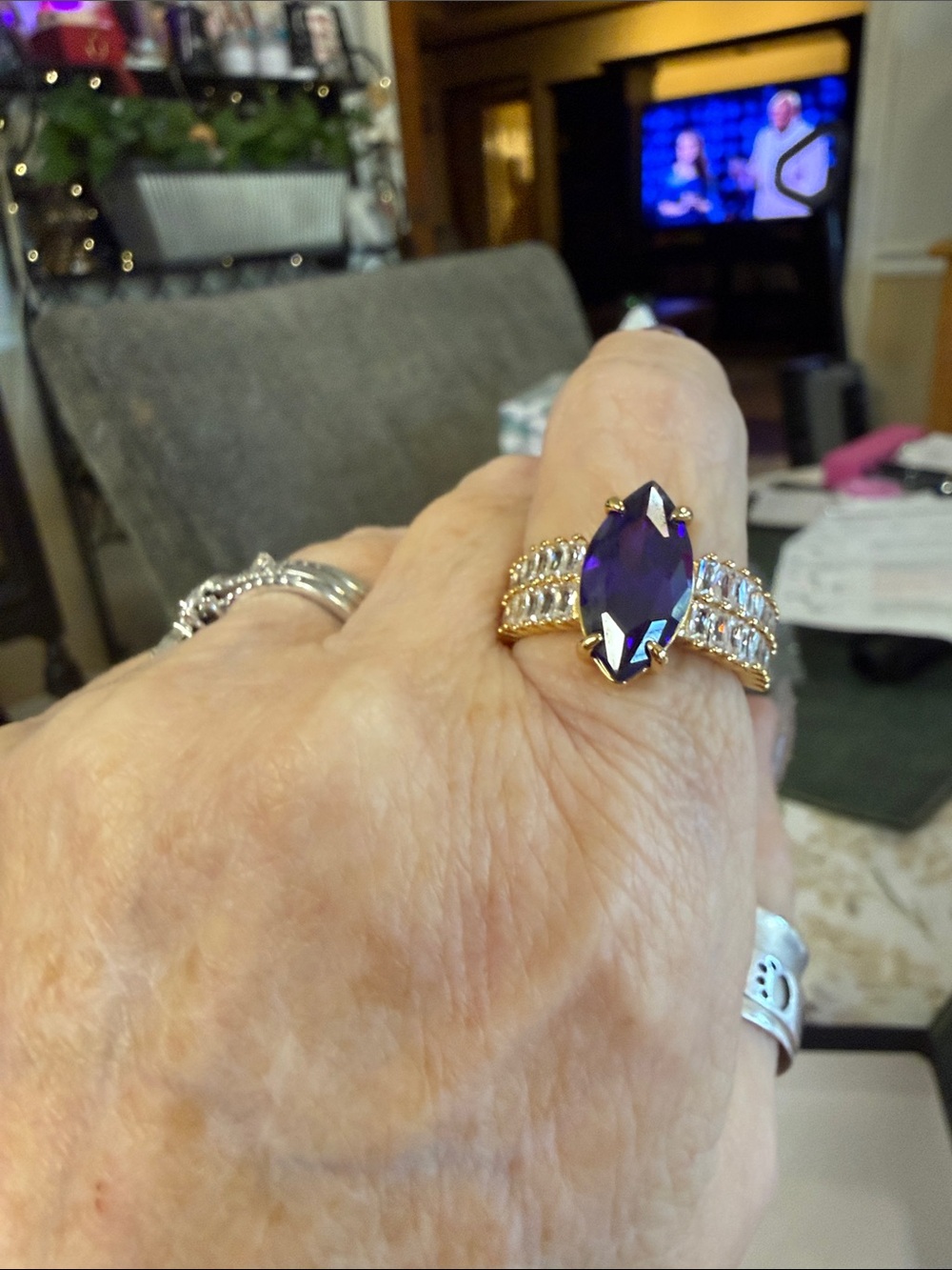 Gold-Tone Ring with Marquise Purple Stone and Clear Accents